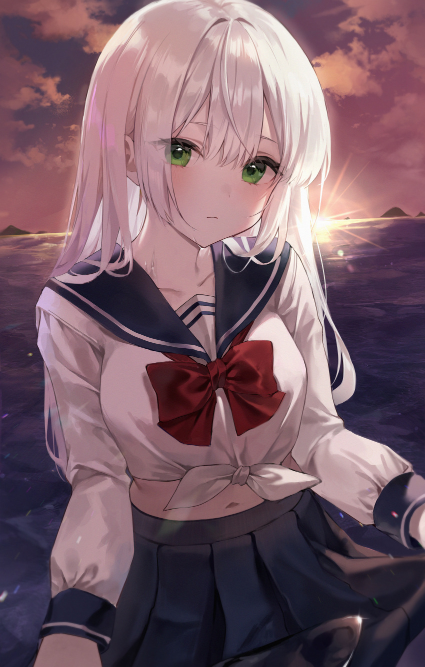 1girl absurdres bangs beach bow bowtie closed_mouth clothes_lift green_eyes highres knowa long_hair long_sleeves looking_at_viewer original pleated_skirt puffy_long_sleeves puffy_sleeves sailor_collar school_uniform serafuku skirt skirt_lift sky solo sun sunset white_hair