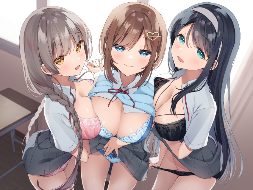 3girls aqua_eyes arm_under_breasts black_bra black_hair black_panties blue_bra blue_eyes blue_panties blurry blurry_background bow bow_panties bra braid breasts brown_hair cleavage closed_mouth clothes_lift cowboy_shot depth_of_field eyebrows_visible_through_hair hairband highres indoors large_breasts lifted_by_self long_hair looking_at_viewer multiple_girls muninshiki non-web_source open_clothes open_shirt original panties panty_pull pink_bra pink_panties school_uniform short_hair sidelocks skirt skirt_lift smile twin_braids underwear yellow_eyes