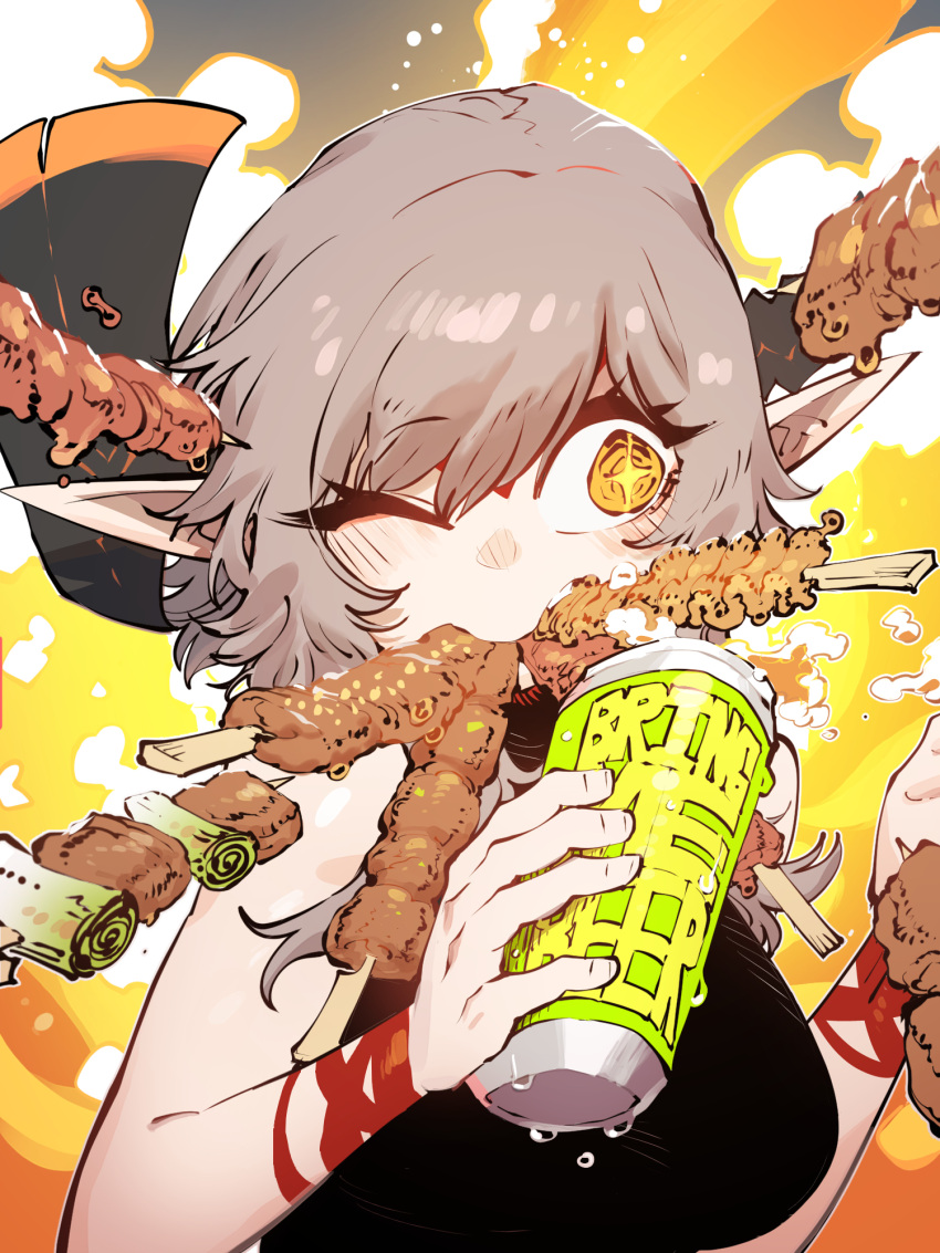 +_+ 1girl bangs breasts can condensation drink eating food food_in_mouth grey_hair highres meat one_eye_closed orange_eyes original pointy_ears solo ssambatea upper_body