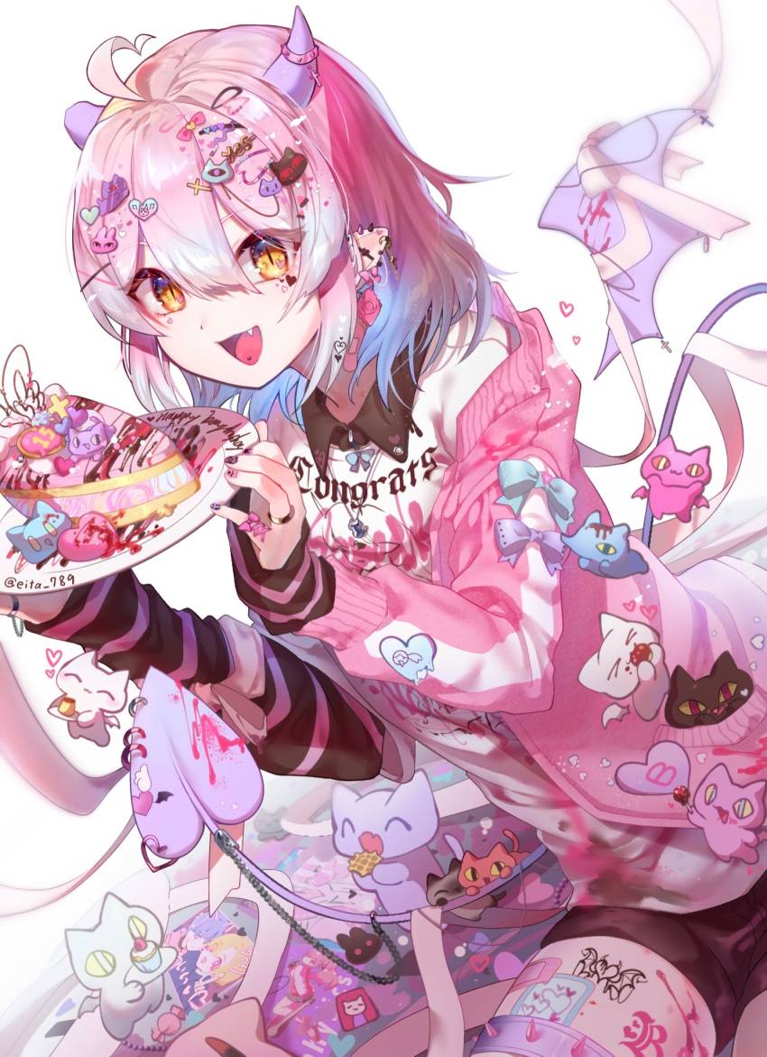 1girl blue_hair cake cake_slice colored_tips demon_girl demon_horns demon_tail demon_wings ear_piercing eita_789 fang food highres horns long_sleeves multicolored_hair original piercing pink_hair pointy_ears short_shorts shorts solo striped_sleeves tail tattoo wings yellow_eyes