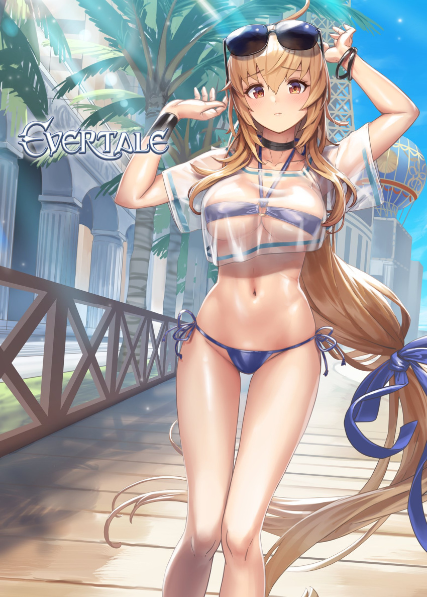 1girl ahoge bangs beach bikini blue_sky bow bowtie bracelet brown_eyes brown_hair choker closed_mouth cloud cloudy_sky collarbone commentary_request copyright_name cuboon day evertale eyewear_on_head highres jewelry long_hair low-tied_long_hair navel o-ring o-ring_bikini ocean official_art outdoors palm_leaf palm_tree rizette see-through short_sleeves side-tie_bikini simple_background sky solo stomach sunglasses sunlight swimsuit thighs tree water