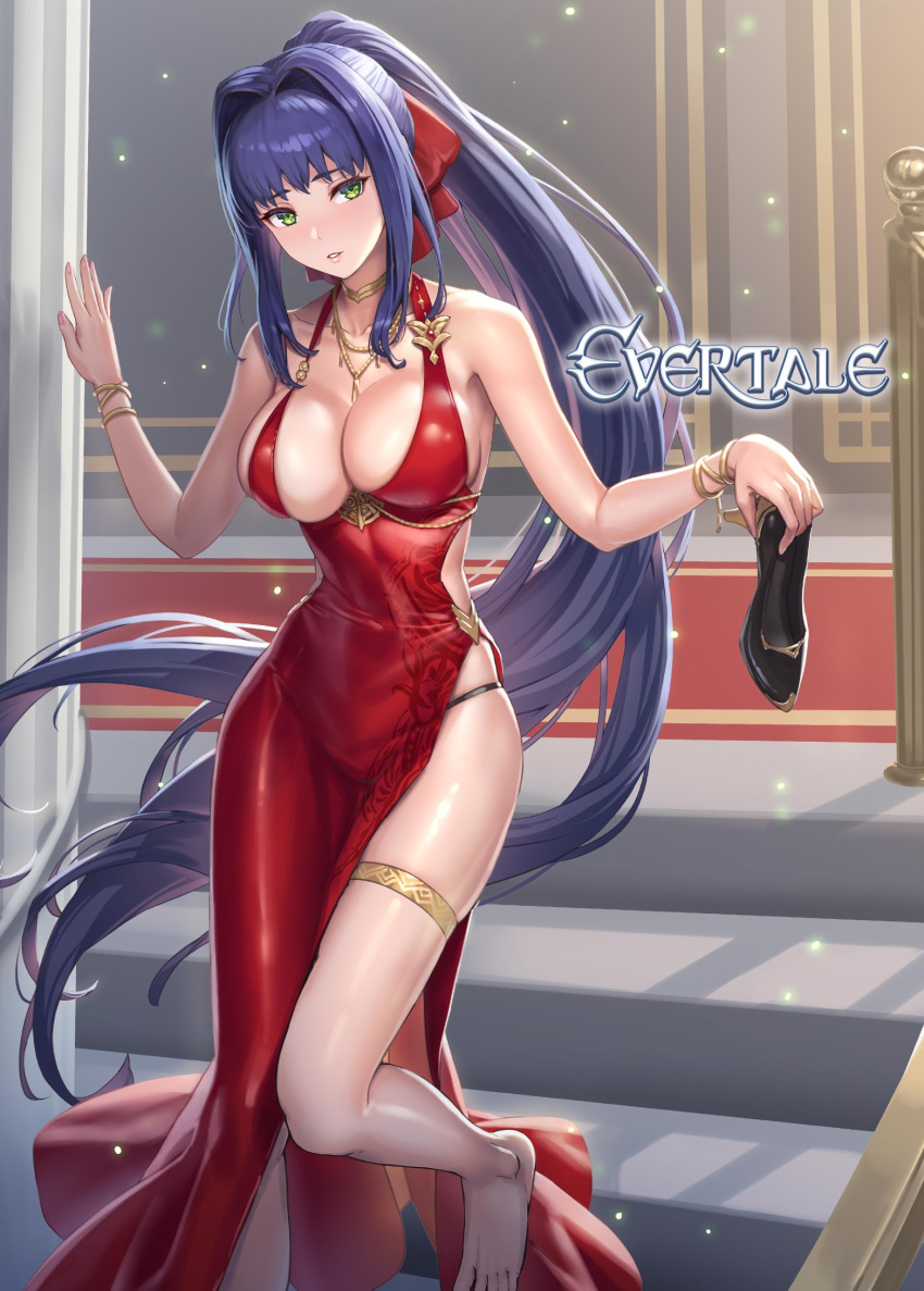 1girl bare_shoulders barefoot blue_hair blush bow bracelet breasts cleavage collar collarbone commentary_request copyright_name cuboon dress evertale fingernails green_eyes hair_bow high_heels highres holding jewelry large_breasts looking_at_viewer ludmilla necklace official_art parted_lips red_dress shiny shiny_clothes shiny_hair shiny_skin side_slit simple_background sleeveless sleeveless_dress solo stairs thigh_strap thighs tied_hair toes