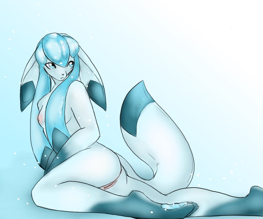 1girl animal_ears anus ass barefoot blue_hair breasts feet fortuna_(artist) furry glaceon looking_back nipples nude pawpads paws pokemon pokemon_furry pussy snow soles solo tail toes vagina