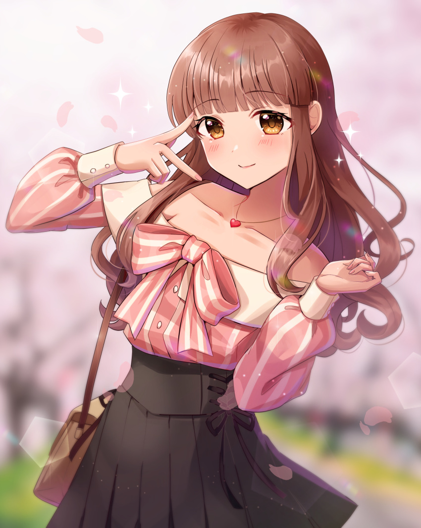 1girl absurdres alternate_hairstyle bag bangs black_skirt blunt_bangs blurry blurry_background blush bokeh brown_hair collarbone depth_of_field eyebrows_visible_through_hair falling_petals handbag heart heart_necklace high-waist_skirt highres idolmaster idolmaster_cinderella_girls light_smile long_sleeves off-shoulder_shirt off_shoulder ogata_chieri outdoors petals pleated_skirt puffy_long_sleeves puffy_sleeves sakura_ran shirt skirt solo sparkle v wavy_hair