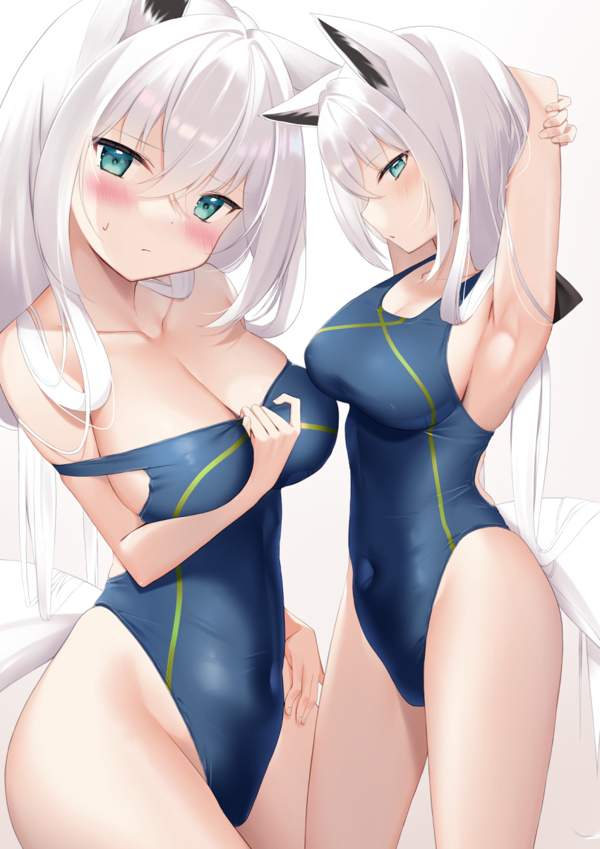 1girl animal_ears armpits arms_behind_back arms_up bangs blue_swimsuit blush bow breasts cleavage collarbone commentary_request eyebrows_visible_through_hair fox_ears fox_girl fox_tail green_eyes hair_between_eyes hair_bow highres hino_kagutsuki hololive long_hair looking_at_viewer medium_breasts one-piece_swimsuit shirakami_fubuki sidelocks simple_background solo swimsuit tail virtual_youtuber white_background white_hair