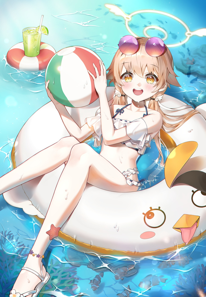 1girl absurdres bangs beach bikini blonde_hair blue_archive blush dutch_angle eyebrows eyebrows_visible_through_hair eyewear_on_head foot_out_of_frame hair_between_eyes hair_ribbon hifumi_(blue_archive) hifumi_(swimsuit)_(blue_archive) highres innertube light_brown_hair long_hair looking_at_viewer low_twintails navel ocean open_mouth ribbon smile solo stomach sunglasses swimsuit teeth twintails upper_teeth very_long_hair water white_bikini white_swimsuit yellow_eyes z_ehi_00