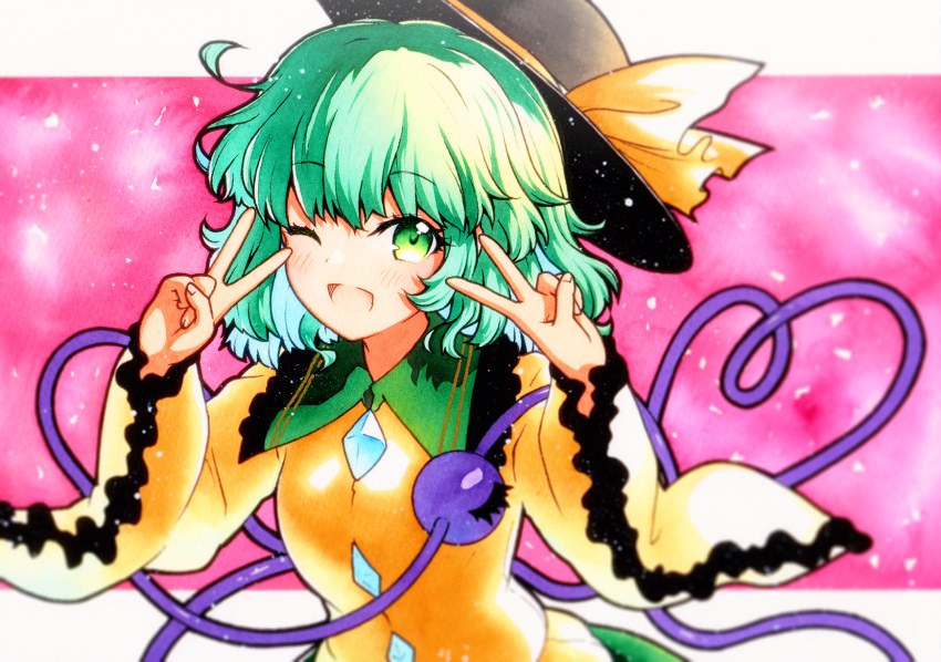 1girl double_v frilled_sleeves frills green_eyes green_hair hat heart heart_of_string highres komeiji_koishi long_sleeves looking_at_viewer one_eye_closed open_mouth qqqrinkappp shirt short_hair solo third_eye touhou upper_body v wide_sleeves yellow_shirt