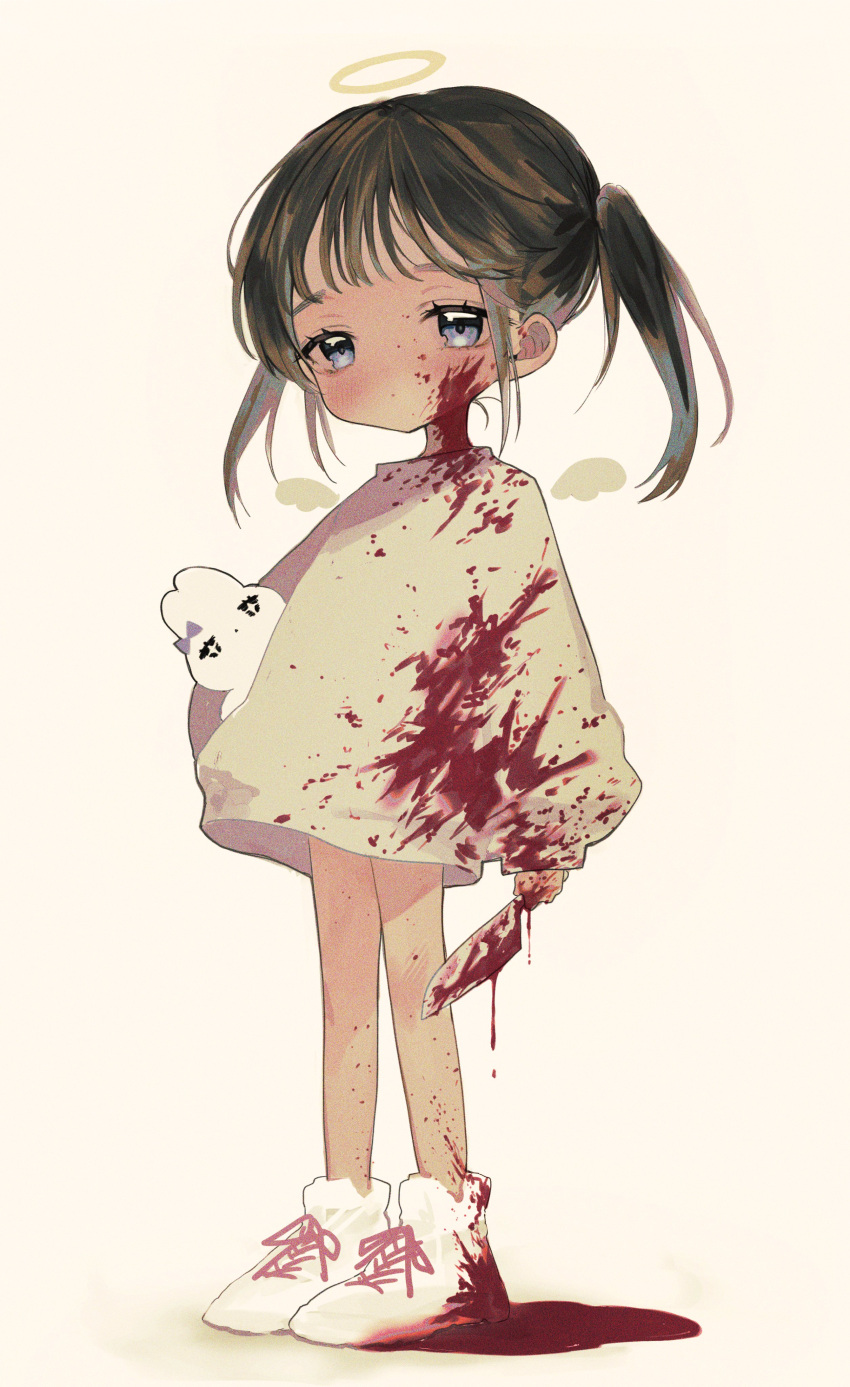 1girl absurdres angel angel_wings bangs bare_legs blood blood_on_clothes blood_on_face blood_on_knife blood_splatter blush brown_hair bunny child closed_mouth detached_wings expressionless film_grain full_body grey_eyes halo highres holding holding_knife ishita_umi knife long_sleeves looking_at_viewer medium_hair mini_wings original puddle shirt shoelaces shoes simple_background solo standing twintails white_background white_footwear wings yellow_shirt