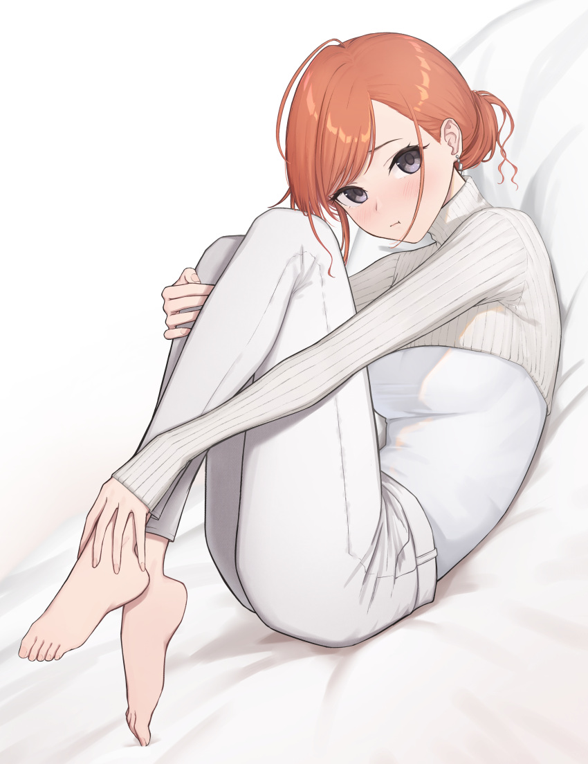 1girl :t absurdres arisugawa_natsuha asymmetrical_bangs bangs barefoot bed_sheet blush breasts folded_ponytail full_body half-shirt hand_on_own_knee highres idolmaster idolmaster_shiny_colors knees_up looking_at_viewer medium_breasts orange_hair pants ribbed_sweater shirt sjuno solo sweater wavy_hair white_pants white_shirt white_sweater