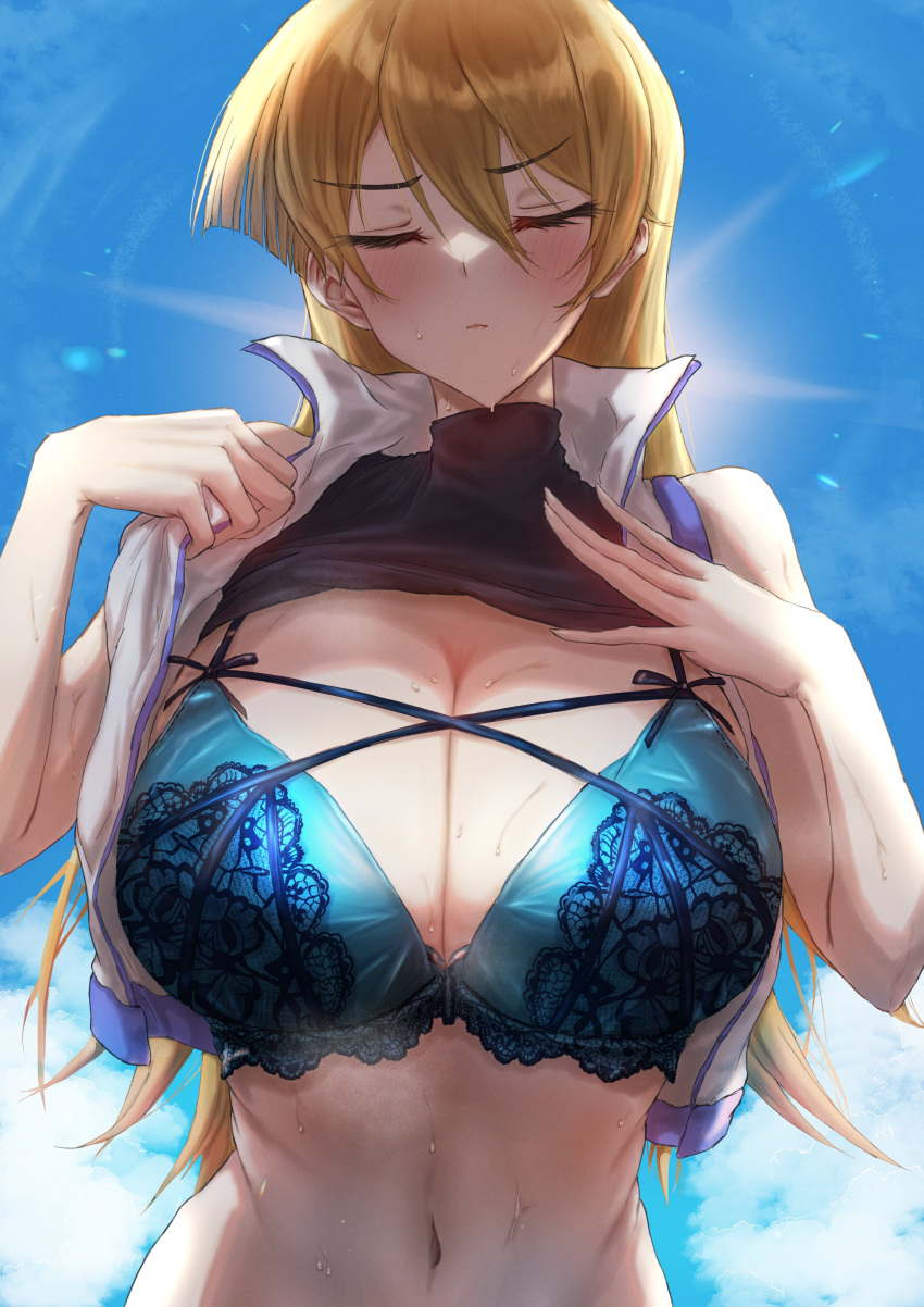 1girl absurdres bare_shoulders blonde_hair blue_bra bra breasts cleavage closed_eyes clothes_lift collar commentary_request commission highres huge_breasts navel shaddoll_fusion shirt_lift skeb_commission solo sweat sweatdrop tenjouin_asuka turtleneck underwear uniform upper_body vest yu-gi-oh! yu-gi-oh!_gx