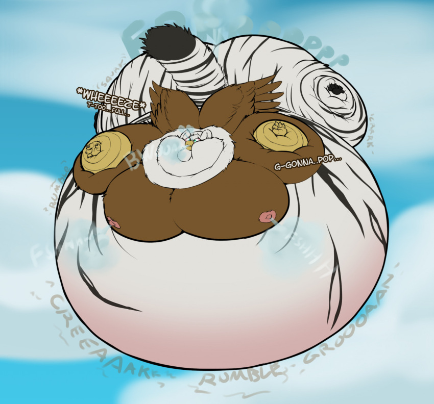 air_inflation anthro avian big_breasts big_butt breasts burping butt calorie cloud dialogue fart gryphon inflation leaking male mythological_avian mythology nipples solo sound_effects text