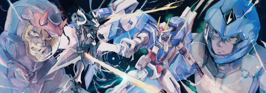 00_gundam 00_raiser 2boys bangs beam_saber black_hair black_headwear blonde_hair blue_headwear brown_eyes commentary dual_wielding energy_sword fake_horns gn_drive graham_aker gundam gundam_00 helmet highres holding horned_helmet horns kare_(0621utak) mask mecha multiple_boys pointing_sword scar setsuna_f._seiei space susanoo_(gundam) sword v-fin weapon yellow_eyes