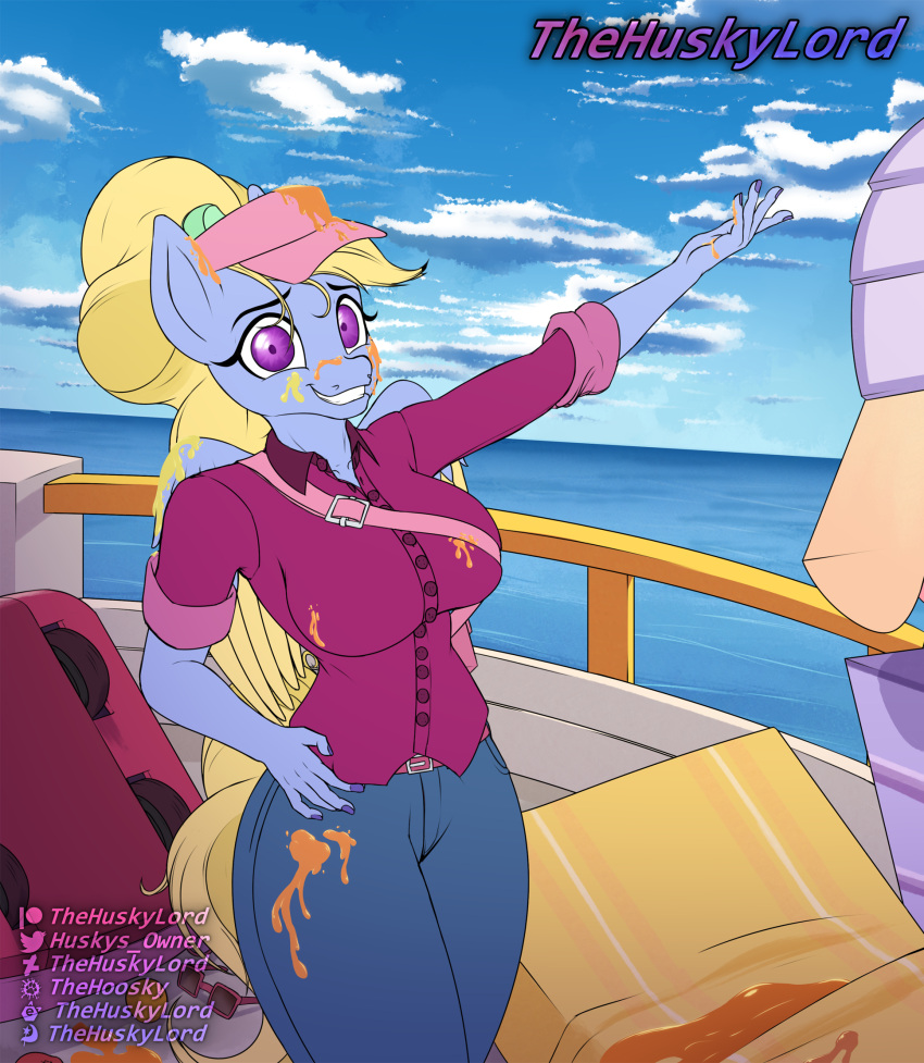 anthro bay big_breasts bottomwear breasts clothing cloud denim denim_clothing eyewear fifi_(mlp) glasses hair hat headgear headwear hi_res jeans messy nervous pants ponytail sea shirt smile thehuskylord tight_clothing topwear uniform water