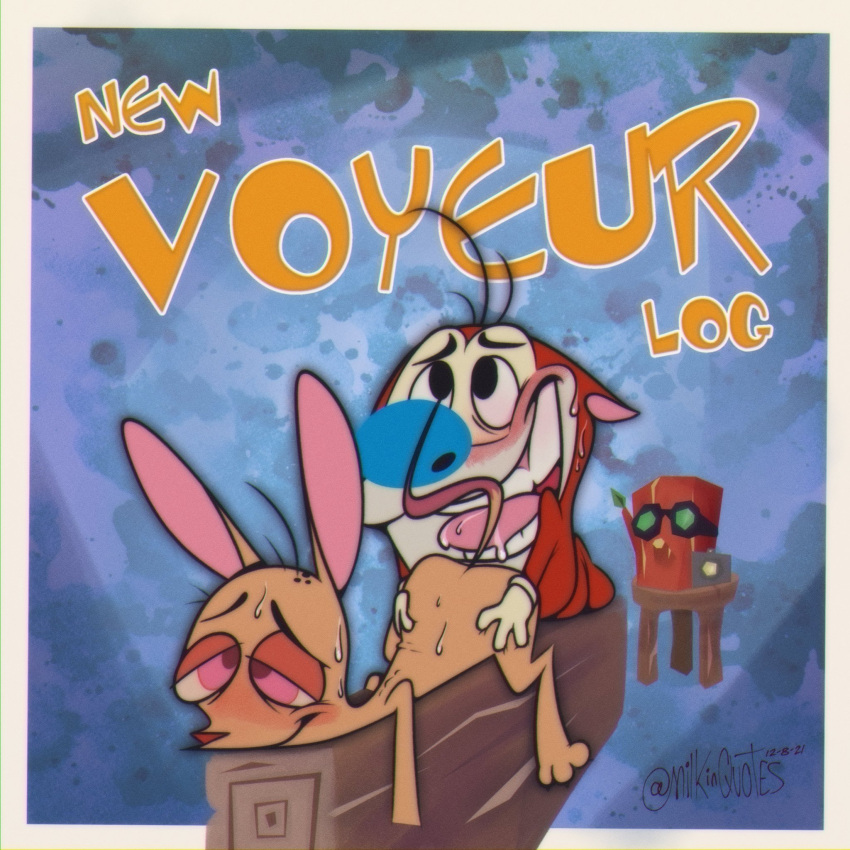 2021 blue_nose canid canine canis chihuahua doggystyle domestic_cat domestic_dog felid feline felis from_behind_position hi_res log male male/male mammal milkinquotes nickelodeon pink_eyes ren_and_stimpy ren_h&ouml;ek sex stimpy_j._cat toy_dog voyeur wood