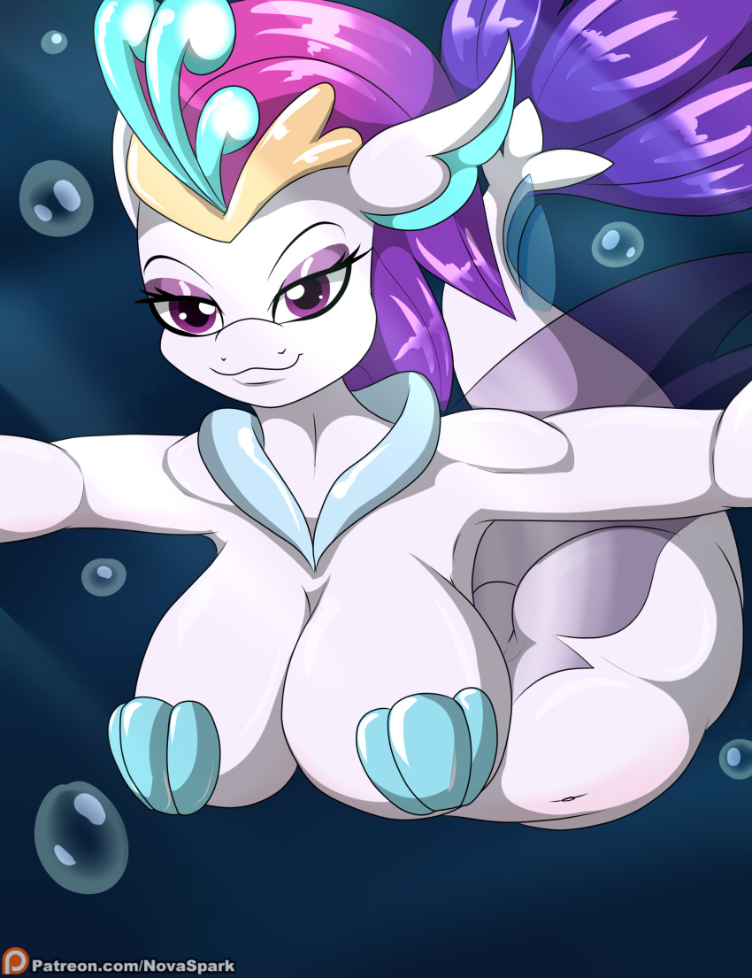 absurd_res anthro big_breasts bra breasts bubble butt clothing crown eyelashes eyeshadow female fin fish friendship_is_magic hair hi_res makeup marine my_little_pony my_little_pony:_the_movie_(2017) navel novaspark patreon purple_eyes purple_hair queen_novo_(mlp) seahorse seashell seashell_bra shell smile solo syngnathid syngnathiform underwater underwear water white_body