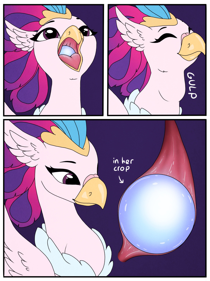 absurd_res avian beak comic crown european_mythology feathers female feral friendship_is_magic gem greek_mythology hi_res hippogriff looking_down my_little_pony my_little_pony:_the_movie_(2017) mythological_avian mythology neck_bulge object_vore onomatopoeia pearl_(gem) purple_eyes queen_novo_(mlp) smallhorses smile sound_effects swallowing text vore