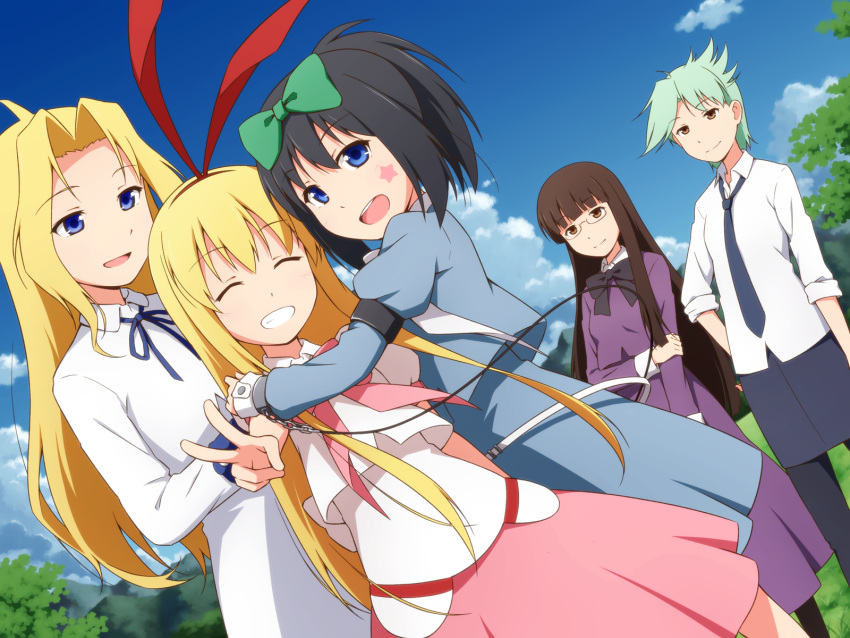 5girls ahoge amae_koromo bangs black_bow black_hair black_legwear blonde_hair blouse blue_dress blue_eyes blue_necktie blue_ribbon blue_skirt blue_sky blunt_bangs blunt_ends bow brown_eyes brown_hair closed_eyes cloud cloudy_sky collared_dress commentary cuffs day dress eyebrows_visible_through_hair facial_mark glasses green_hair grin hair_intakes hair_ribbon hand_on_hip hand_on_own_arm highres hime_cut hug inoue_jun juliet_sleeves kunihiro_hajime long_dress long_hair long_sleeves looking_at_another looking_at_viewer mashita_(candy_apricot) medium_dress medium_hair miniskirt multiple_girls neck_ribbon necktie outdoors pantyhose ponytail puffy_sleeves purple_dress red_ribbon ribbon ryuumonbuchi_touka saki sawamura_tomoki shackles short_hair short_sleeves skirt sky sleeves_rolled_up smile standing star_(symbol) straight_hair v white_blouse white_dress wing_collar