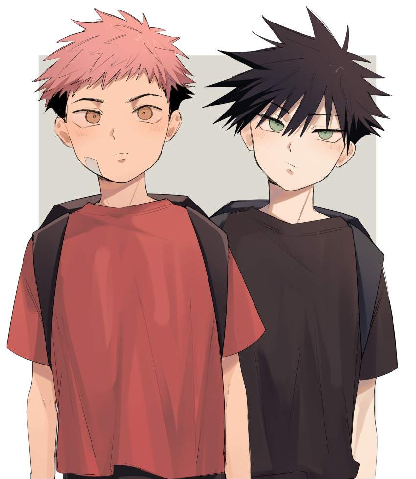 2boys backpack bag bandaid bandaid_on_face black_hair black_shirt border brown_eyes closed_mouth fushiguro_megumi green_eyes highres itadori_yuuji jujutsu_kaisen looking_at_viewer male_focus multiple_boys pink_hair red_shirt shirt short_hair short_sleeves somwang_07 spiked_hair white_border younger