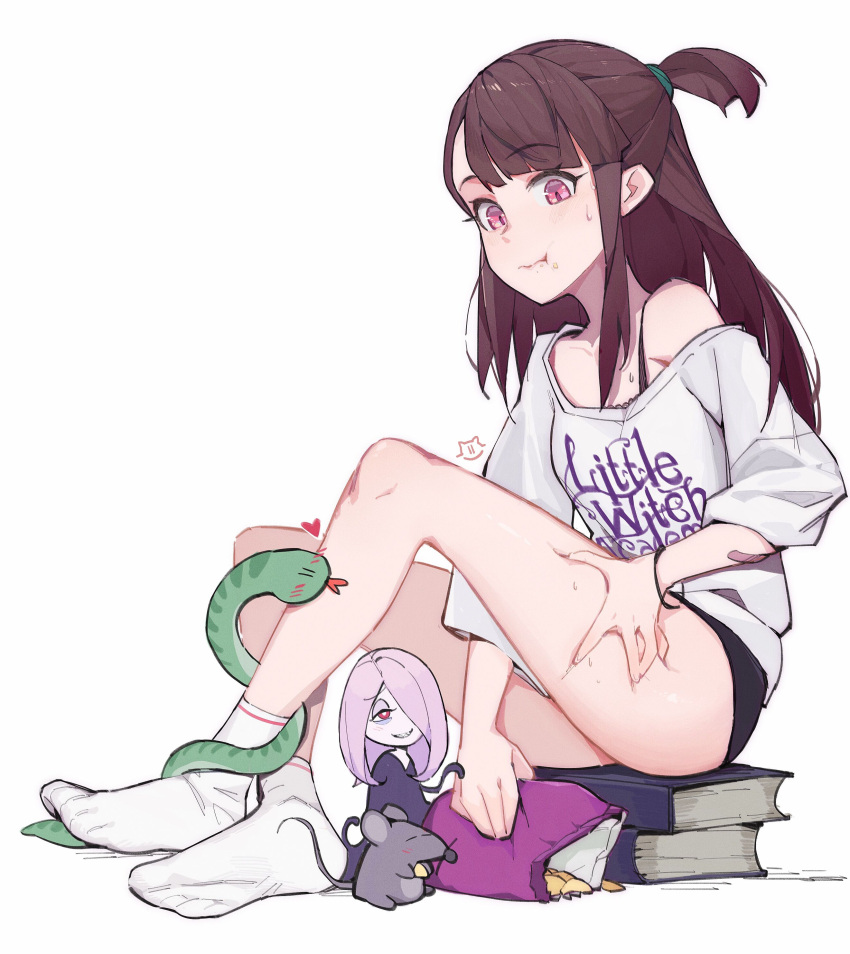 2girls absurdres brown_hair eating full_body highres kagari_atsuko lan_mao_akko little_witch_academia looking_at_viewer multiple_girls no_shoes ponytail purple_eyes rat shirt short_ponytail short_shorts shorts simple_background sitting snake socks solo sucy_manbavaran white_background white_shirt