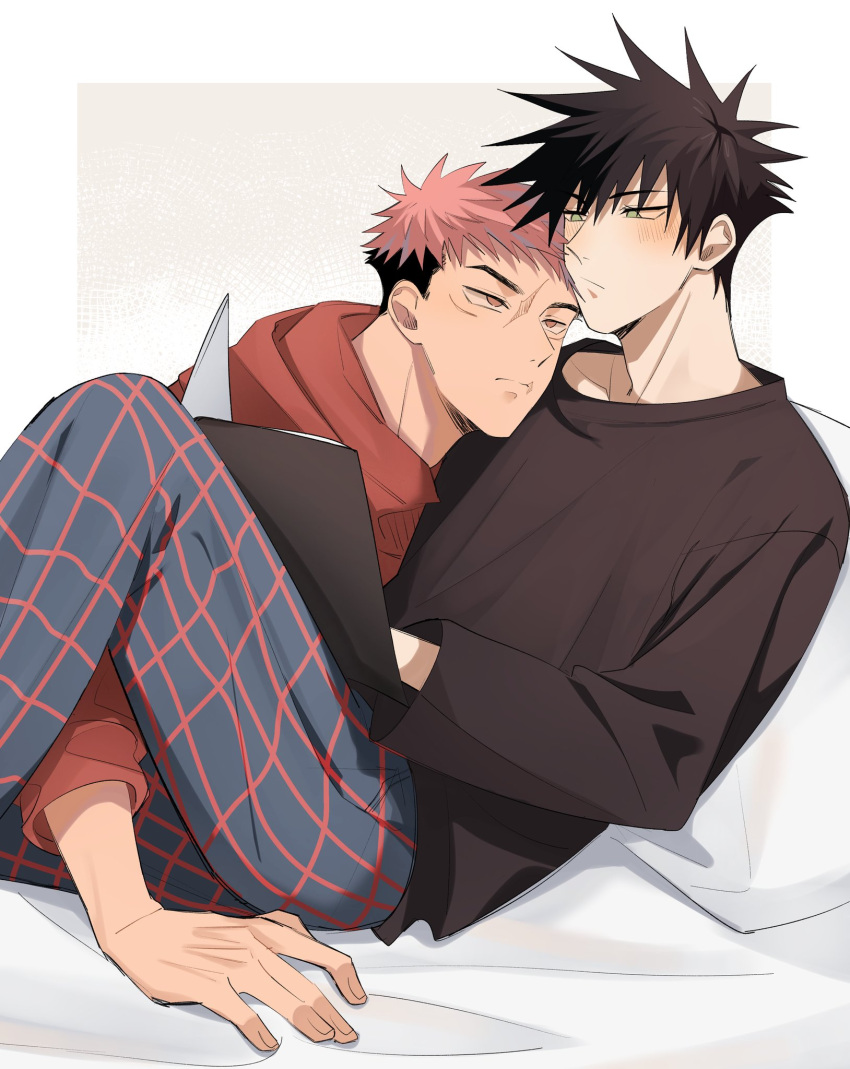 2boys bed black_hair black_shirt blush book brown_eyes closed_mouth facial_mark fushiguro_megumi green_eyes head_on_another's_shoulder highres holding holding_book hood hood_down hoodie itadori_yuuji jujutsu_kaisen leaning_on_person long_sleeves looking_at_another male_focus multiple_boys on_bed pants pillow pink_hair plaid plaid_pants red_hoodie scar scar_on_face scar_on_mouth shirt short_hair sitting somwang_07 spiked_hair undercut yaoi