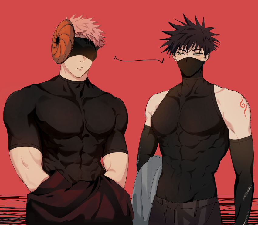 2boys abs absurdres black_gloves black_hair black_pants black_shirt blush collarbone commentary_request cosplay fushiguro_megumi gloves green_eyes hatake_kakashi hatake_kakashi_(cosplay) highres itadori_yuuji jujutsu_kaisen looking_at_another male_focus mask mask_on_head mouth_mask multiple_boys muscular muscular_male naruto_(series) naruto_shippuuden pants pectorals pink_hair red_eyes scar scar_on_face scar_on_mouth shirt short_hair sleeveless sleeveless_shirt somwang_07 spiked_hair tobi_(naruto) tobi_(naruto)_(cosplay) undercut undressing