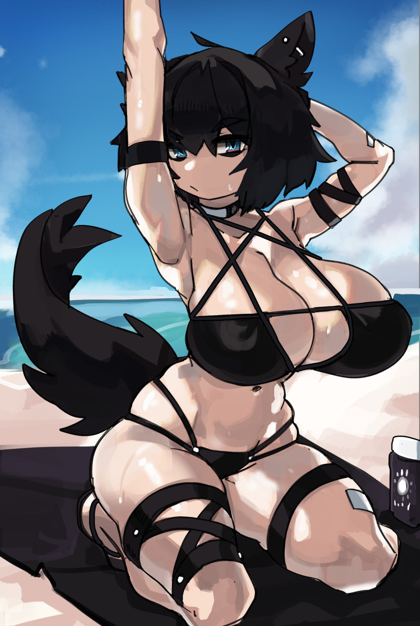 absurd_res animal_humanoid beach big_breasts bikini black_hair breasts canid canid_humanoid canine canine_humanoid cleavage clothed clothing female hair hi_res huge_breasts humanoid kneeling mammal mammal_humanoid on_towel seaside solo swimwear towel zanamaoria