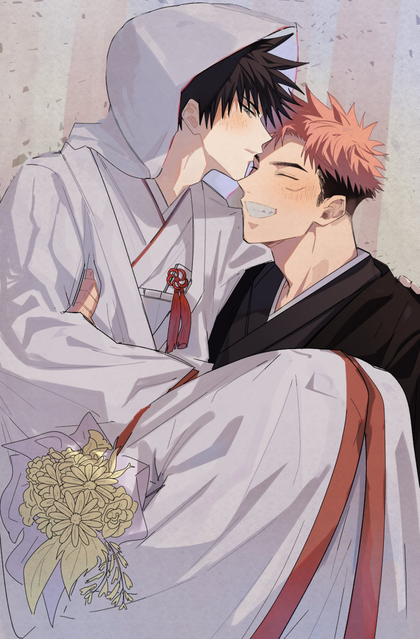 2boys black_hair black_kimono blush bouquet carrying closed_eyes facial_mark fushiguro_megumi green_eyes grin highres hood hood_up hooded_robe horns itadori_yuuji japanese_clothes jujutsu_kaisen kimono long_sleeves looking_at_viewer male_focus multiple_boys pink_hair princess_carry short_hair smile somwang_07 spiked_hair teeth uchikake undercut white_kimono yaoi