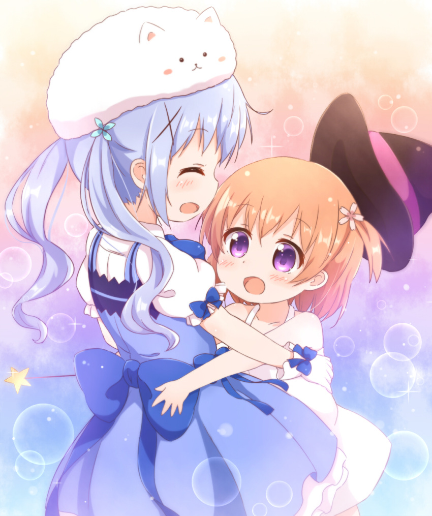 2girls :d ^_^ age_regression angora_rabbit animal_on_head araki495 bare_arms bare_shoulders black_headwear blue_bow blue_dress blue_flower blue_hair blush bow brown_hair bunny child closed_eyes commentary_request dress flower gloves gochuumon_wa_usagi_desu_ka? hair_flower hair_ornament hat hat_removed headwear_removed highres hoto_cocoa kafuu_chino long_hair magical_girl multiple_girls on_head one_side_up open_mouth pink_flower pleated_dress profile puffy_short_sleeves puffy_sleeves purple_eyes revision shirt short_sleeves sleeveless sleeveless_dress smile star_(symbol) time_paradox tippy_(gochiusa) twintails white_dress white_gloves white_shirt witch_hat x_hair_ornament younger yuri