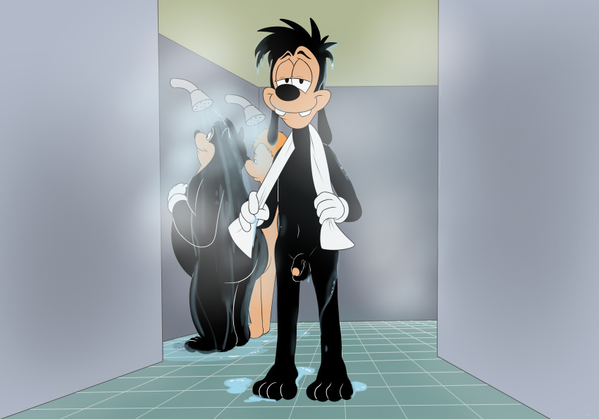 absurd_res anthro balls barefoot butt canid canine canis clothing disney domestic_dog feet flaccid genitals gloves goof_troop group handwear hi_res magzol male mammal max_goof navel nude penis pj_(goof_troop) plantigrade robert_zimmeruski shower shower_room showering slightly_chubby teenager towel towel_around_neck trio wet white_clothing white_gloves white_handwear young
