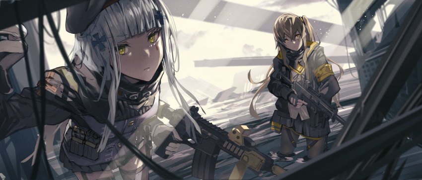 2girls absurdres armband assault_rifle bangs beret black_gloves black_headwear black_jacket black_legwear blunt_bangs brown_eyes brown_hair cross_hair_ornament facial_mark fingerless_gloves fujita_(condor) girls'_frontline gloves green_eyes gun h&amp;k_hk416 h&amp;k_ump h&amp;k_ump45 hair_ornament hat heckler_&amp;_koch highres hk416_(girls'_frontline) holding holding_gun holding_weapon jacket long_hair long_sleeves military_jacket miniskirt multiple_girls one_side_up pantyhose pleated_skirt rifle scar scar_across_eye shirt silver_hair skirt submachine_gun teardrop teardrop_facial_mark teardrop_tattoo thighhighs ump45_(girls'_frontline) weapon white_gloves white_shirt