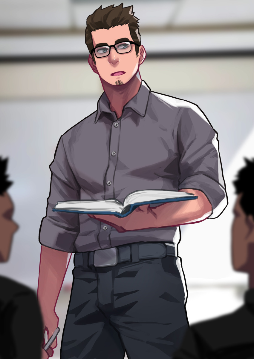 1boy absurdres bara belt book commentary facial_hair glasses grey_shirt highres holding holding_book male_focus maorenc mature_male muscular muscular_male open_mouth original pants shirt solo stubble