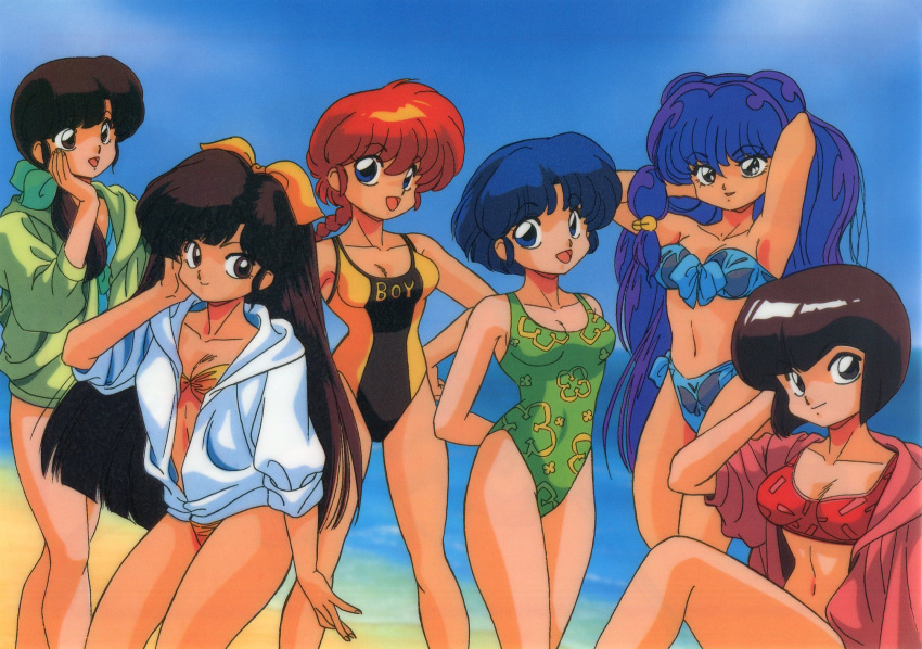 1990s_(style) arm_behind_head arm_up arms_behind_back arms_behind_head arms_up bangs bell bikini blue_bikini blue_eyes blue_hair blunt_bangs bob_cut bow braid braided_ponytail brown_eyes brown_hair casual_one-piece_swimsuit day double_bun eyebrows_visible_through_hair feet_out_of_frame genderswap genderswap_(mtf) green_swimsuit hair_bell hair_bow hair_ornament hair_over_shoulder hand_on_own_chin highres hood hood_down hoodie knee_up kuonji_ukyou long_hair looking_at_viewer nakajima_atsuko navel non-web_source official_art one-piece_swimsuit open_clothes open_hoodie open_mouth outdoors ponytail purple_hair ranma-chan ranma_1/2 red_bikini red_hair retro_artstyle saotome_ranma scan shampoo_(ranma_1/2) short_hair sitting smile standing strapless strapless_bikini swimsuit tendou_akane tendou_kasumi tendou_nabiki very_long_hair yellow_bikini