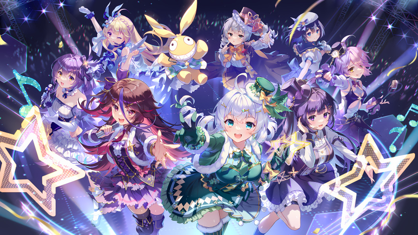 6+girls :d absurdres bangs bare_shoulders benghuai_xueyuan blue_eyes bronya_zaychik closed_mouth concert dress drill_hair earpiece elbow_gloves femirins_(benghuai_xueyuan) fingerless_gloves gloves green_dress green_gloves heterochromia highres holding holding_microphone homu_(honkai_impact) honkai_(series) honkai_impact_3rd houraiji_kyuushou kiana_kaslana long_hair looking_at_viewer microphone multicolored_hair multiple_girls musical_note official_art one_eye_closed open_mouth orange_dress purple_dress purple_eyes purple_gloves purple_hair raiden_mei seele_vollerei sin_mal sirin smile star_(symbol) tongue tongue_out twin_drills v white_dress white_gloves white_hair yellow_eyes