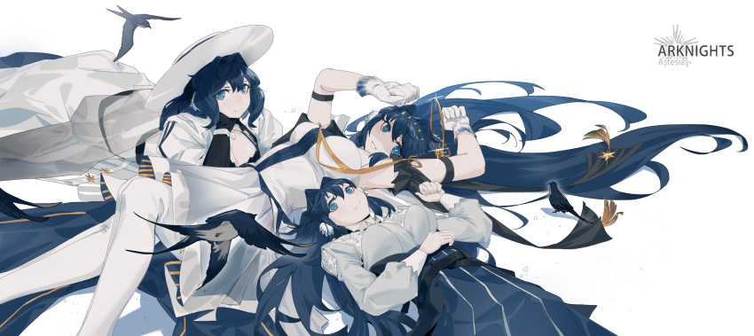 3girls arknights arm_garter astesia_(arknights) astesia_(frlibre_on_the_palace)_(arknights) astesia_(starseeker)_(arknights) bird black_gloves blue_eyes blue_skirt boots breasts bright_pupils cleavage dress eyeshadow flying_animal frilled gloves gradient head_on_hand highres knee_up liliyfox_(1342611535) long_dress long_hair looking_at_viewer lying makeup multiple_girls multiple_persona on_stomach parted_lips red_eyeshadow see-through shirt skirt smile white_gloves white_pupils white_shirt wide_brim