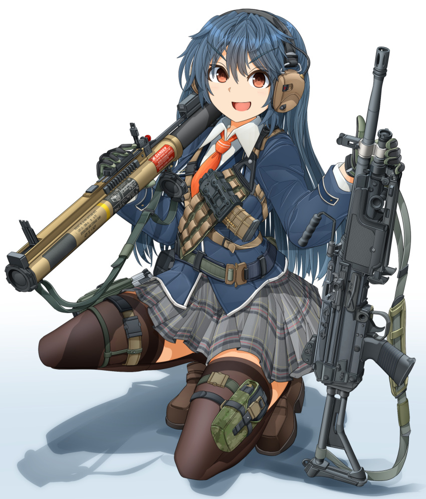 1girl absurdres bandolier blazer blue_hair blue_jacket brown_eyes brown_footwear cloud9 earmuffs gloves green_gloves grey_skirt gun highres jacket long_hair looking_at_viewer m72_law machine_gun mikeran_(mikelan) military necktie orange_necktie orange_neckwear original plaid plaid_skirt rocket_launcher skirt smile solo squatting thigh_pouch thigh_strap thighhighs thighs weapon weapon_request white_background