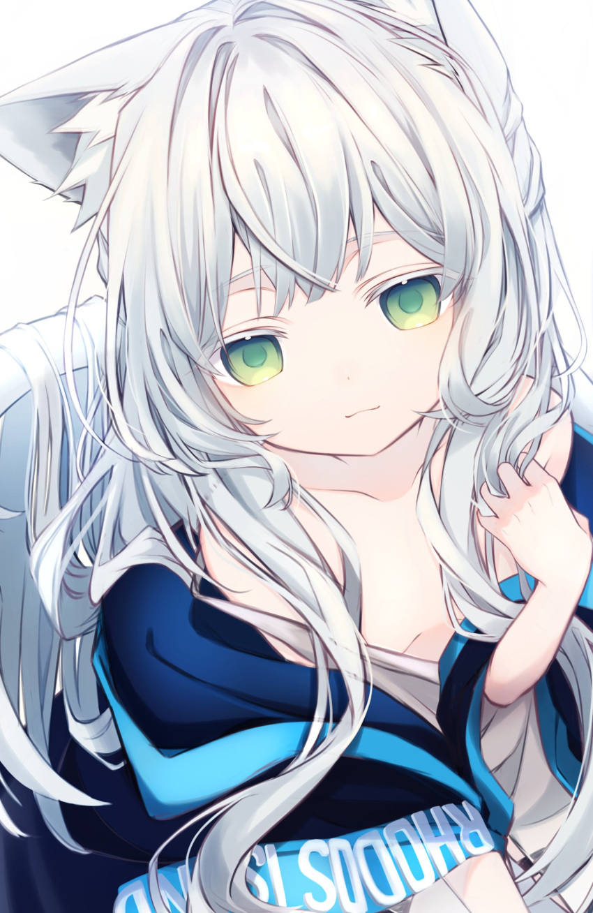 1girl absurdres animal_ear_fluff animal_ears arknights bangs cat_ears cat_girl cloak closed_mouth green_eyes highres hk_nnm hood hood_down hooded_cloak long_hair off_shoulder rosmontis_(arknights) silver_hair solo