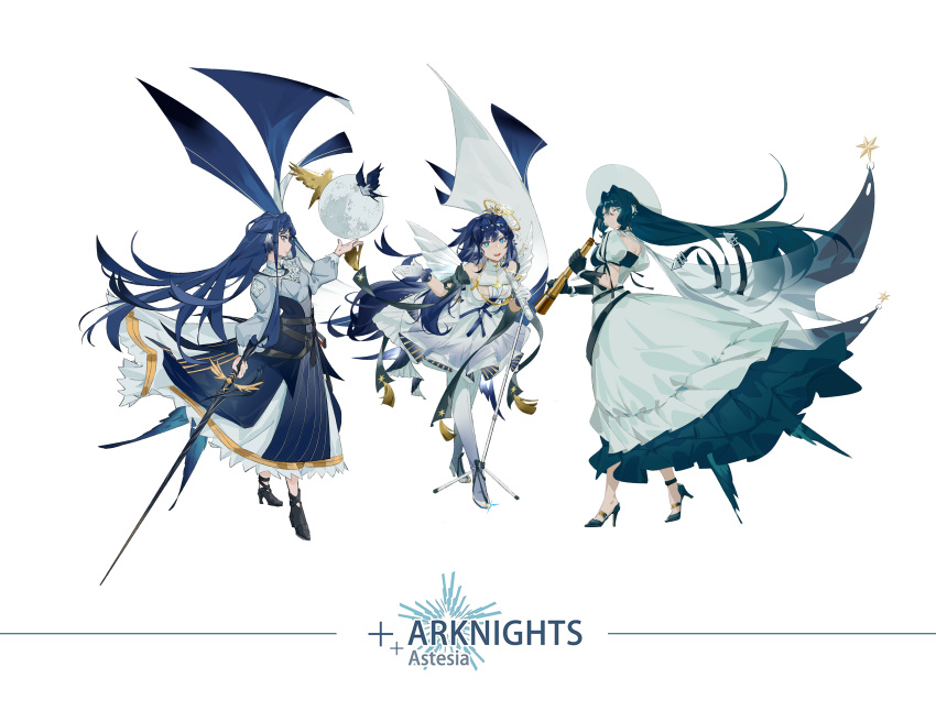 3girls absurdres animal_ears arknights astesia_(arknights) astesia_(frlibre_on_the_palace)_(arknights) astesia_(starseeker)_(arknights) bare_shoulders bird bird_ears black_gloves blue_eyes blue_hair bright_pupils character_name copyright_name dress frilled frilled_dress frills from_behind from_side full_body gloves gold_trim gradient hair_ornament high_heels highres holding holding_microphone_stand holding_sword holding_telescope holding_weapon leaning_forward liliyfox_(1342611535) long_dress long_hair looking_at_viewer microphone microphone_stand moon multiple_girls multiple_persona official_alternate_costume open_mouth smile star_(symbol) sword teeth upper_teeth weapon white_gloves white_pupils wide_brim winged_sword