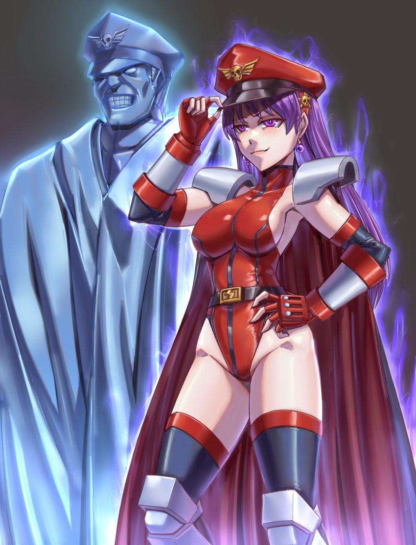 1boy 1girl asamiya_athena cape corruption dark_persona earrings fingerless_gloves gloves hat highres jewelry leebigtree leotard long_hair peaked_cap purple_eyes purple_hair street_fighter the_king_of_fighters vega