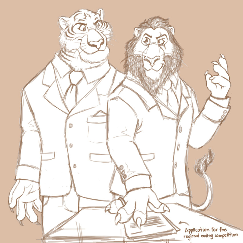 2022 4_fingers anthro arrow claws clothed clothing disney dragontzin duo eye_contact eye_scar facial_scar felid fingers fur furniture hi_res lion looking_at_another male mammal mane necktie pantherine paper raised_tail ring scar scar_(the_lion_king) shere_khan smile smirk standing suit table text the_lion_king tiger whiskers