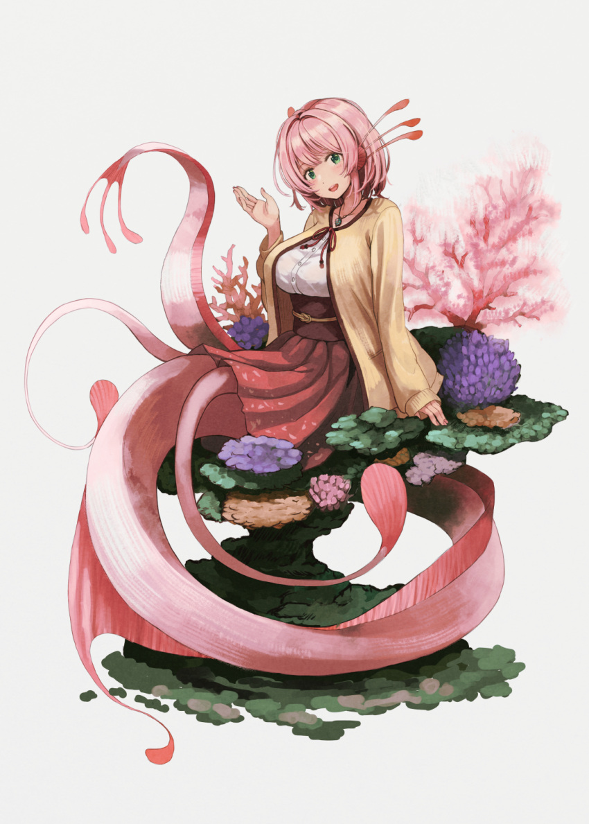 159cm 1girl breasts coral full_body green_eyes grey_background hand_up head_fins highres jewelry large_breasts looking_at_viewer mermaid monster_girl necklace open_mouth original pink_hair pleated_skirt ribbon shirt short_hair sitting skirt solo sweater