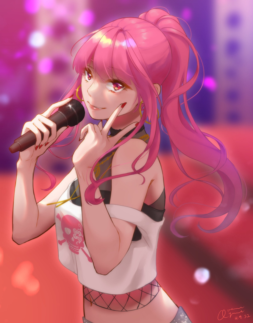 1girl absurdres aoameayumi_(artist) closed_mouth earrings floating_hair highres holding holding_microphone hololive hololive_english jewelry layered_shirt lipstick long_hair looking_at_viewer makeup microphone midriff mori_calliope nail_polish off_shoulder pink_eyes pink_hair ponytail shiny shiny_hair shirt sleeveless sleeveless_shirt solo sparkle stage strap_slip tank_top upper_body v virtual_youtuber
