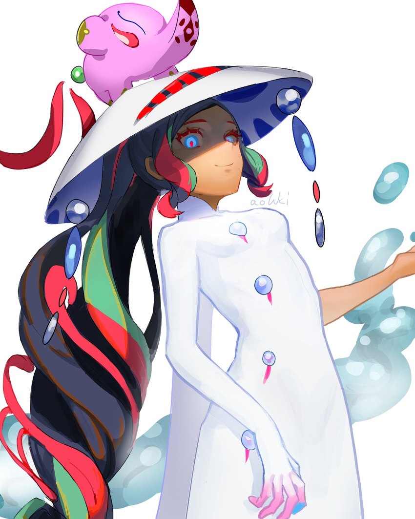 black_hair blue_eyes elephant eyeliner fate/grand_order fate_(series) gloves green_hair hat highres long_hair long_sleeves makeup multicolored_hair ponytail sidelocks single_sleeve smile streaked_hair trung_trac_(fate) vietnamese_dress water_drop waterstaring wavy_hair white_headwear