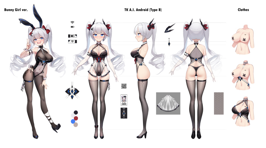 1girl absurdres animal_ears arms_at_sides bandages barcode barcode_tattoo blue_eyes bodystocking bow bowtie breasts character_sheet chinese_commentary color_guide covered_navel cross_pasties drill_hair elbow_gloves gloves halterneck hand_up high_heels highleg highleg_leotard highres id_card k.t.cube large_breasts leotard multiple_views o-ring original pasties qr_code rabbit_ears see-through shoes skindentation tattoo thigh_strap thighhighs turnaround twin_drills v white_gloves white_hair