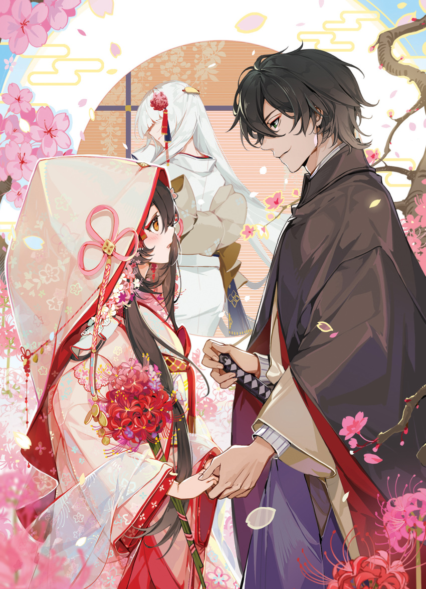 1boy 2girls akizero1510 back_turned bride brown_eyes cherry_blossoms copyright_request cover cover_page flower green_eyes hair_ornament highres holding_hands japanese_clothes kanzashi kimono looking_at_another multiple_girls novel_cover orange_eyes petals spider_lily sword tsunokakushi uchikake weapon wedding white_hair