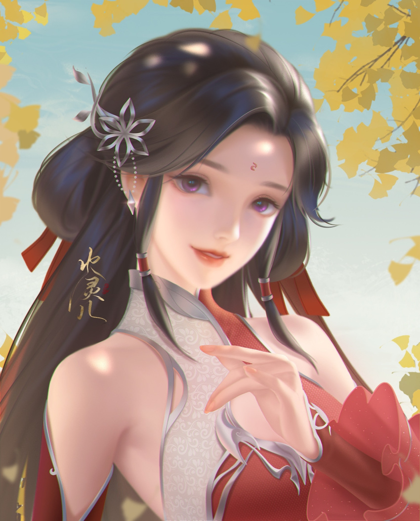 1girl blue_sky brown_hair dress facial_mark forehead_mark hair_ornament hair_rings highres huo_linger_(wanmei_shijie) leaf ningmengshui_bu_suan red_dress sky smile wanmei_shijie weibo_id