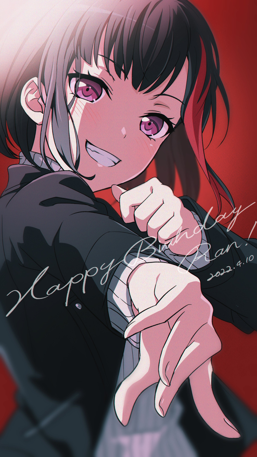 1girl absurdres bang_dream! bangs black_hair black_jacket blurry character_name commentary dated depth_of_field eyebrows_visible_through_hair fang gradient gradient_background grin hands_up happy_birthday head_tilt highres jacket light_blush long_sleeves looking_at_viewer mitake_ran multicolored_hair nobusawa_osamu open_clothes open_jacket outstretched_arm purple_eyes reaching_out red_background red_hair ribbed_sweater short_hair smile solo streaked_hair sweater two-tone_hair upper_body white_sweater