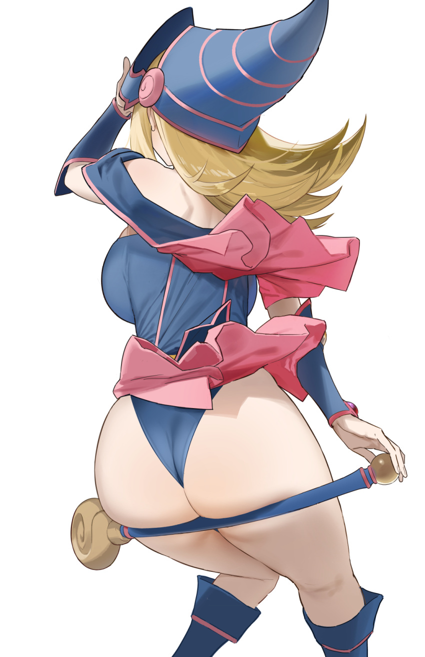 1girl ass bare_shoulders blonde_hair blue_dress blue_panties boots breasts capelet dark_magician_girl dress duel_monster fingernails from_behind hand_up hat highres large_breasts long_hair panties pink_capelet shinjiro shiny shiny_hair short_dress simple_background sleeveless solo staff strapless strapless_dress thighs underwear white_background wizard_hat yu-gi-oh! yu-gi-oh!_duel_monsters