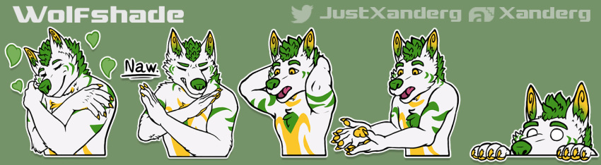 &lt;3 anthro arctic_wolf canid canine canis green_hair green_nose hair male mammal multicolored_body open_mouth pawpads reaction_image self_hug solo sticker telegram_stickers wolf xanderg_(artist) yellow_pawpads