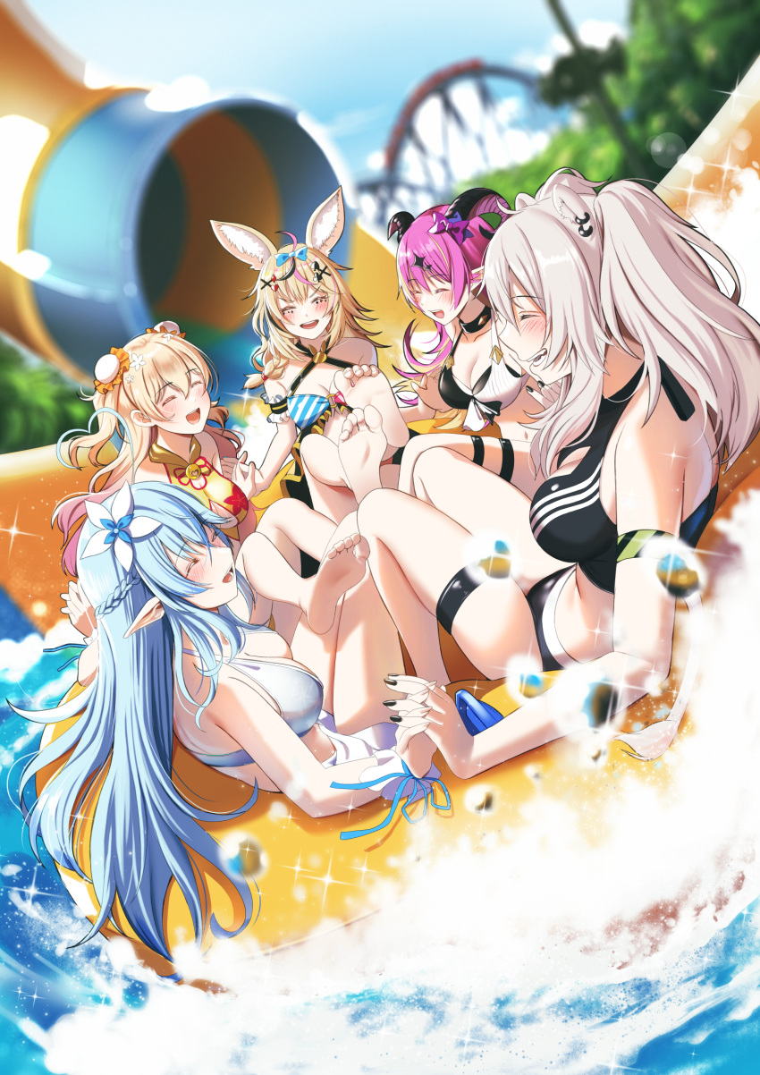 5girls animal_ears backless_swimsuit bangs barefoot bikini black_bikini black_nails blonde_hair blue_bikini blue_hair blurry blurry_background blush braid breasts casino_(casinoep) choker cleavage_cutout closed_eyes clothing_cutout crossed_bangs day demon_girl depth_of_field double_bun doujinshi eyebrows_visible_through_hair feet feet_up fennec_fox flower fox_girl frilled_bikini frills gold_bikini gradient_hair hair_flower hair_ornament halterneck highres holding_hands hololive innertube leaning_back legs legs_together lens_flare lion_girl long_hair mano_aloe medium_breasts momosuzu_nene multicolored_hair multiple_girls non-web_source omaru_polka outdoors pink_hair playing_card_theme pointy_ears print_bikini shadow shiny shiny_clothes shiny_hair shishiro_botan sidelocks silver_hair single_braid sitting smile soles sparkle splashing streaked_hair swimsuit teeth thigh_strap toes upper_teeth virtual_youtuber water water_drop water_slide waterpark yukihana_lamy