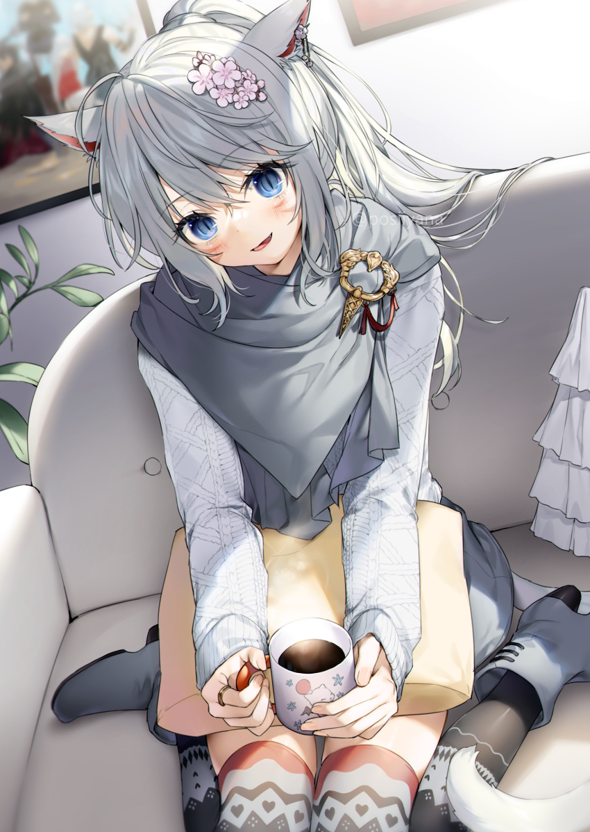1girl :d absurdres animal_ears bangs black_legwear blue_eyes boots cat_ears cat_girl cat_tail coffee coffee_mug couch cup ear_piercing eyebrows_visible_through_hair facial_mark final_fantasy final_fantasy_xiv flower grey_footwear grey_scarf grey_skirt grey_sweater hair_flower hair_ornament high_heel_boots high_heels highres holding holding_cup indoors jewelry knee_boots long_hair long_sleeves looking_at_viewer miniskirt miqo'te mug on_couch open_mouth painting_(object) piercing pillow pink_flower ponytail print_legwear ring scarf silver_hair sitting skirt sleeves_past_wrists slit_pupils smile solo steam sweater tail thighhighs very_long_hair wariza whisker_markings yana_mori